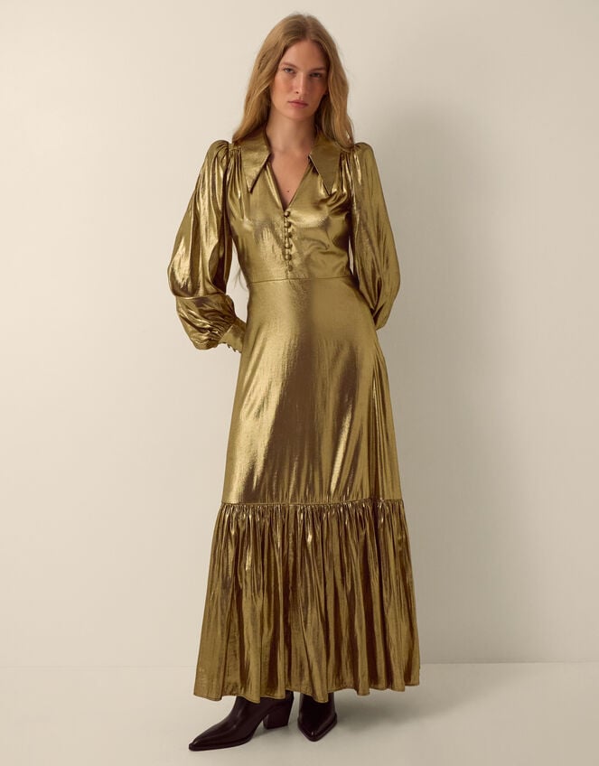 Monsoon X Queens of Archive Bianca Pointed Collar Metallic Maxi Dress&amp;#8203; Gold
