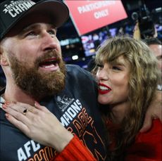 Travis Kelce #87 of the Kansas City Chiefs (L) celebrates with Taylor Swift after defeating the Baltimore Ravens in the AFC Championship.