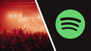 A crowd at a festival gig next to the Spotify logo