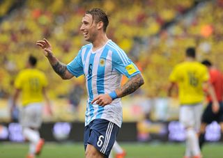 Lucas Biglia of Argentina celebrates after scoring the opening goal during a match between Colombia and Argentina as part of FIFA 2018 World Cup Qualifiers at Metropolitano Stadium on November 17, 2015 in Barranquilla, Colombia.