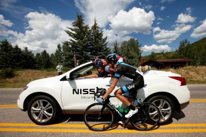 Suffering from nosebleeds, Joe Dombrowski (Team Sky) spends some time with the medical car