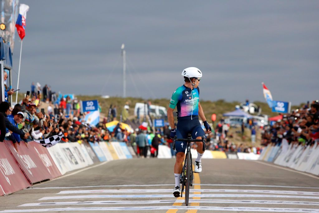 ALTO COLORADO ARGENTINA JANUARY 27 Miguel Angel Lopez of Colombia and Team Medellin EPM celebrates at finish line as stage winner during the 39th Vuelta a San Juan International 2023 Stage 5 a 1733km stage from Chimbas to Alto Colorado 2623m VueltaSJ2023 on January 27 2023 in Alto Colorado Argentina Photo by Maximiliano BlancoGetty Images