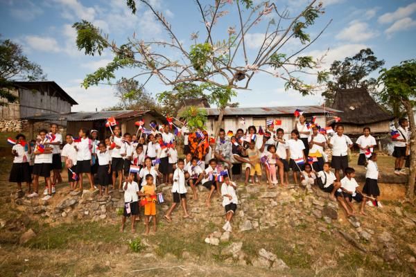 Schoolchildren came out to cheer