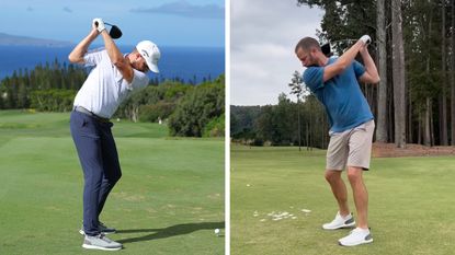 A split image of Chris Kirk playing golf right-handed (left) and left-handed (right)
