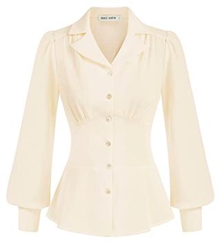 Schößchen-Hemden für Damen, Button-Down-Herbstbluse, Vintage-Kragen-Hemd, langärmlig, Herbst-Arbeits-Büro-Oberteil, Elfenbein, M