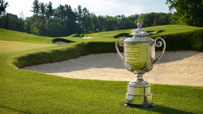 A view of the Wanamaker trophy on the 12th hole at Oak Hill Country Club on June 7, 2021 in Rochester, New York