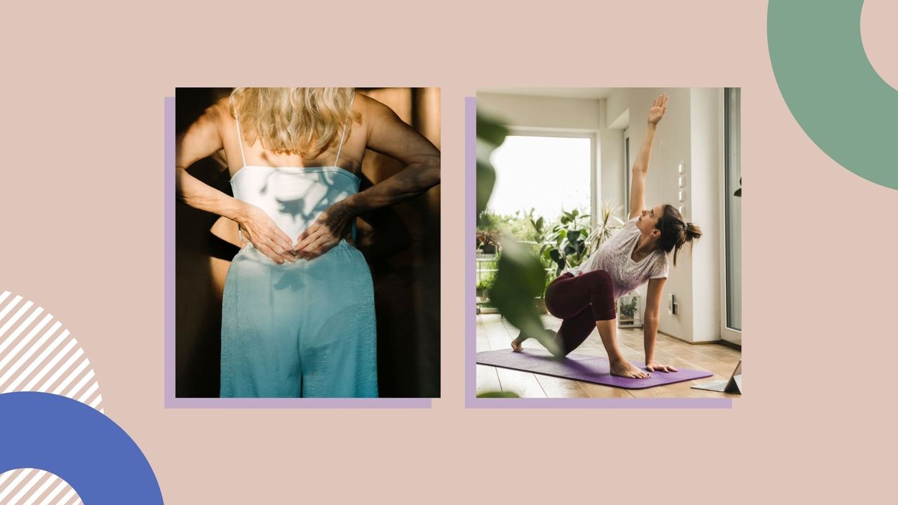 woman with hands on back and woman stretching on peach background 