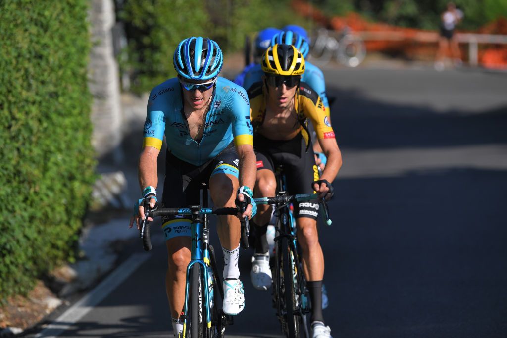 COMO ITALY AUGUST 15 Jakob Fuglsang of Denmark and Astana Pro Team George Bennett of New Zealand and Team Jumbo Visma Breakaway during the 114th Il Lombardia 2020 a 231km race from Bergamo to Como ilombardia IlLombardia on August 15 2020 in Como Italy Photo by Tim de WaeleGetty Images