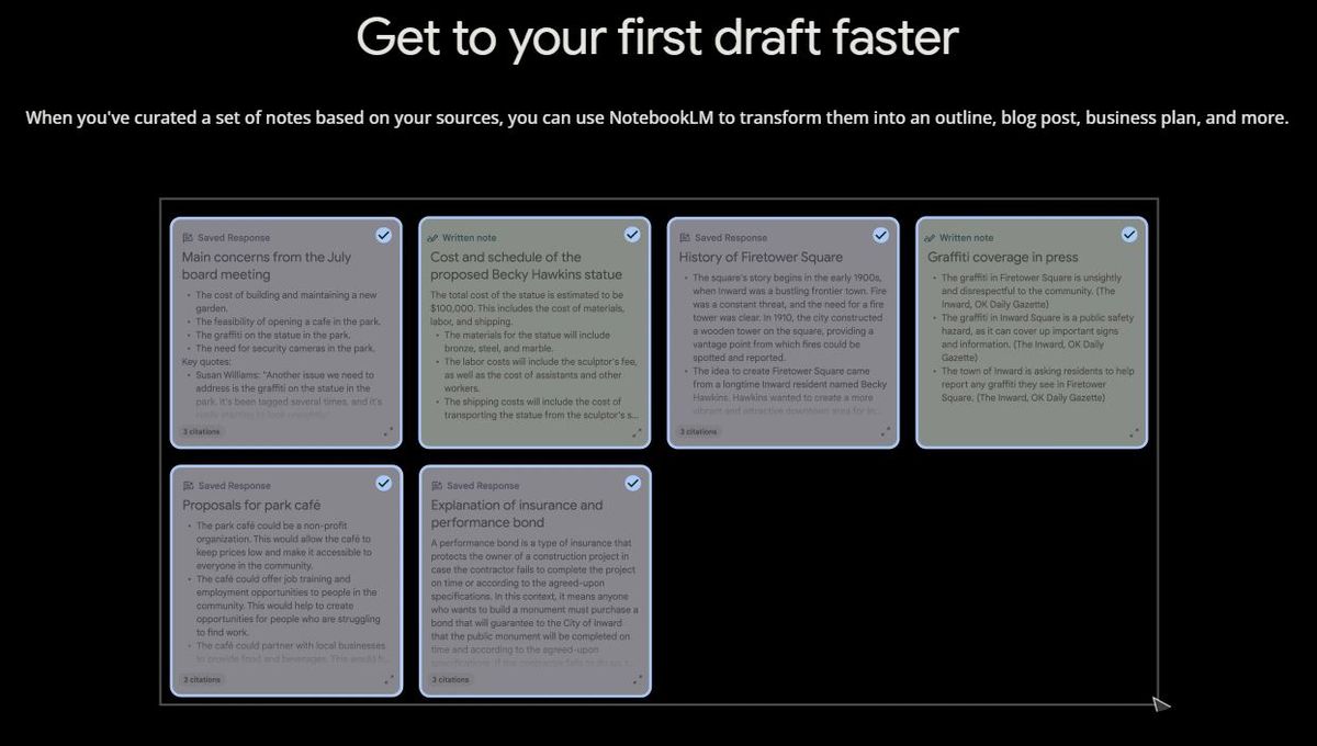 NotebookLM creating drafts for study guides, outlines and suggesting ideas based on the uploaded and selected documents