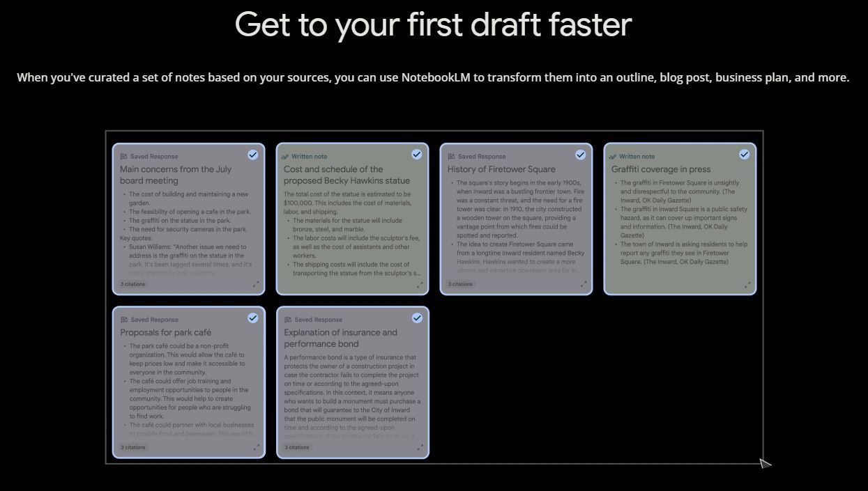 NotebookLM creating drafts for study guides, outlines and suggesting ideas based on the uploaded and selected documents