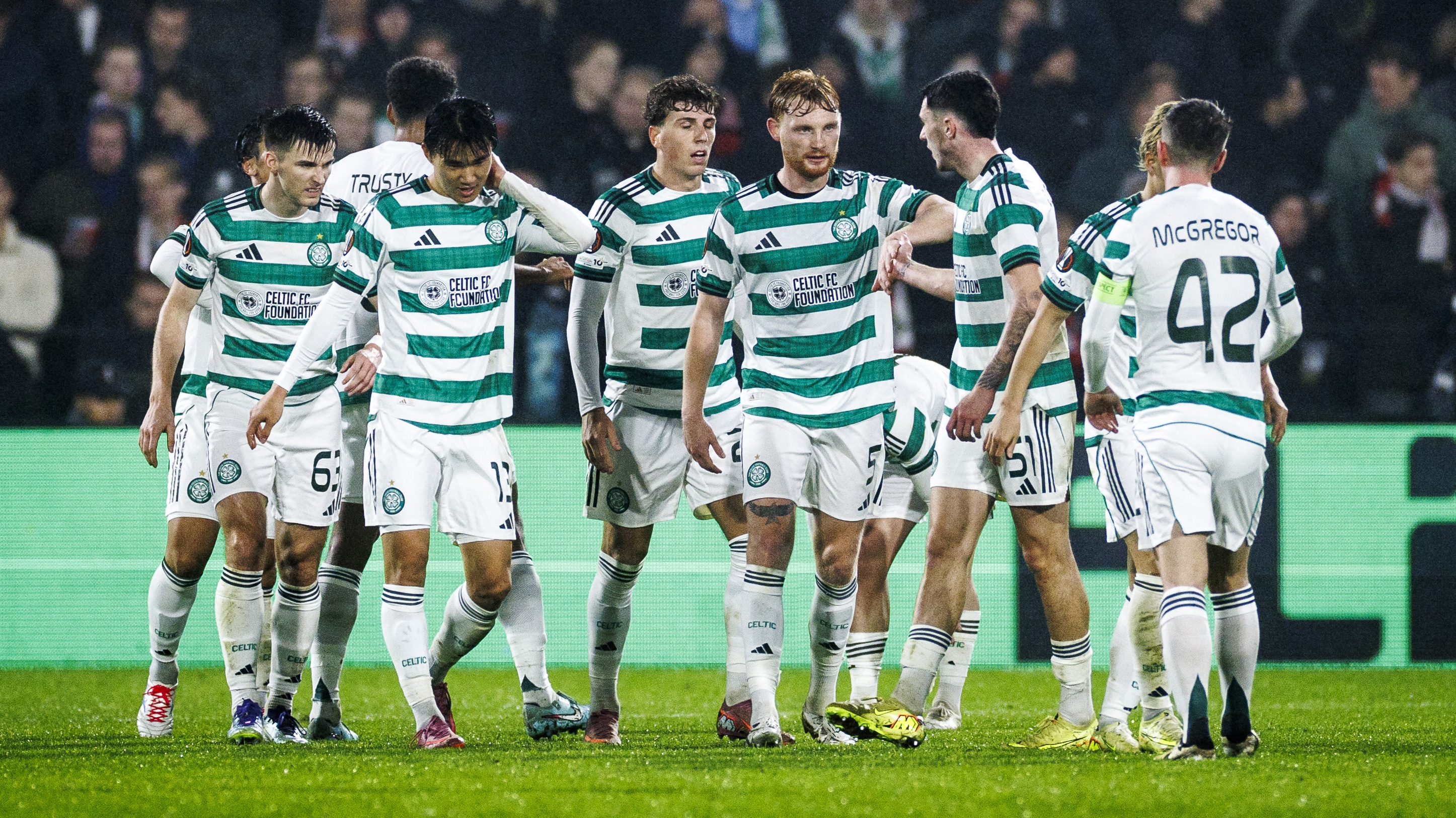 Players of Celtic FC celebrate their 1-2 goal during the UEFA Europa League football match Feyenoord Rotterdam and Celtic Glasgow at the Feyenoord Stadium &#039;De Kuip&#039; in Rotterdam on Novemberr 27, 2025. 