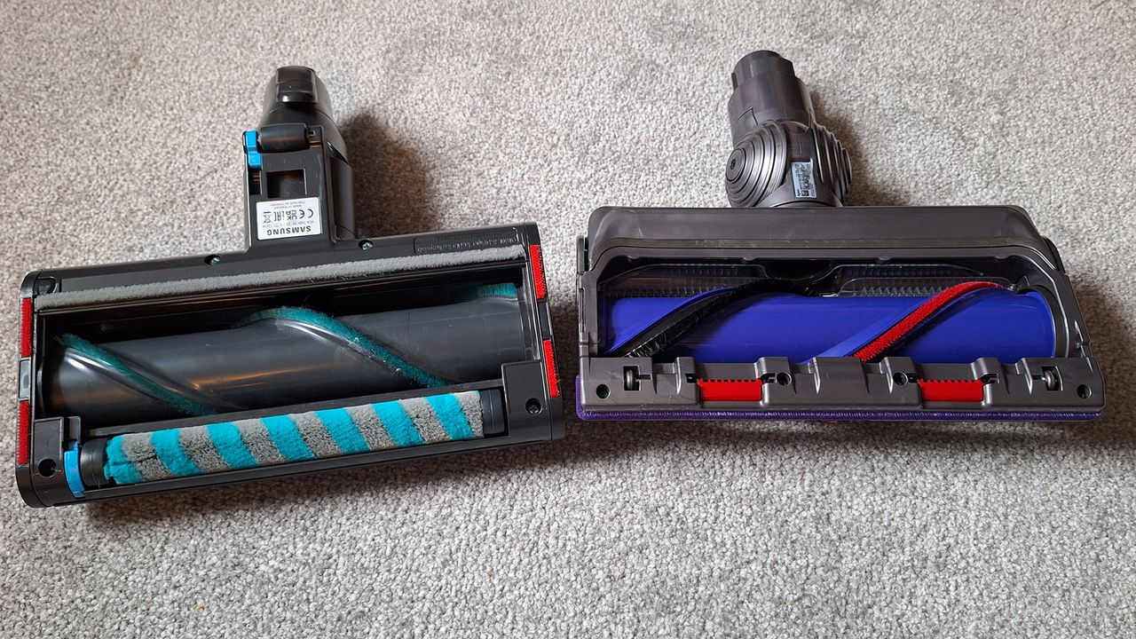 Samsung Bespoke AI Jet Ultra Active Dual Brush next to Dyson Gen5detect Digital Motorbar floorhead, both flipped over to show undersides