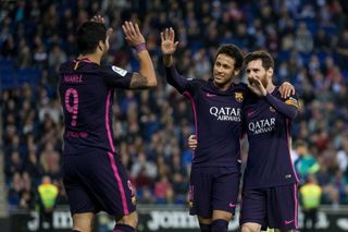 Luis Suarez of FC Barcelona celebrating the second goal of the match with Leo Messi FC Barcelona and Neymar da Silva of FC Barcelona during the Spanish championship Liga football match between RCD Espanyol vs FC Barcelona at RCD stadium on April 29, 2017 in Barcelona, Spain. (Photo by Xavier Bonilla/NurPhoto via Getty Images)