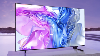 Hisense 55U8H TV displaying an abstract pink and blue pattern