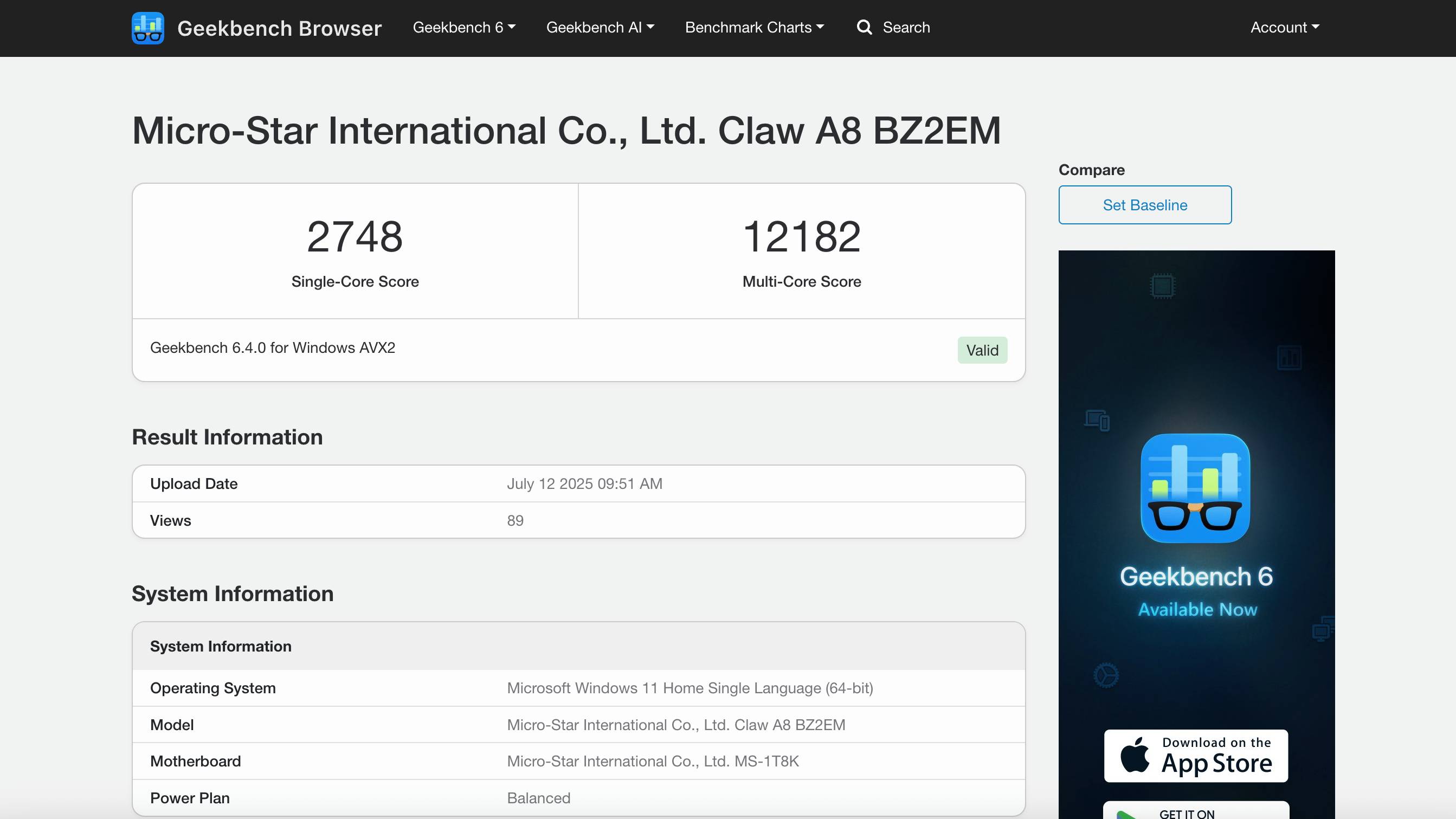 Screenshot of MSI Claw A8 with AMD Ryzen Z2 Extreme benchmarks on Geekbench