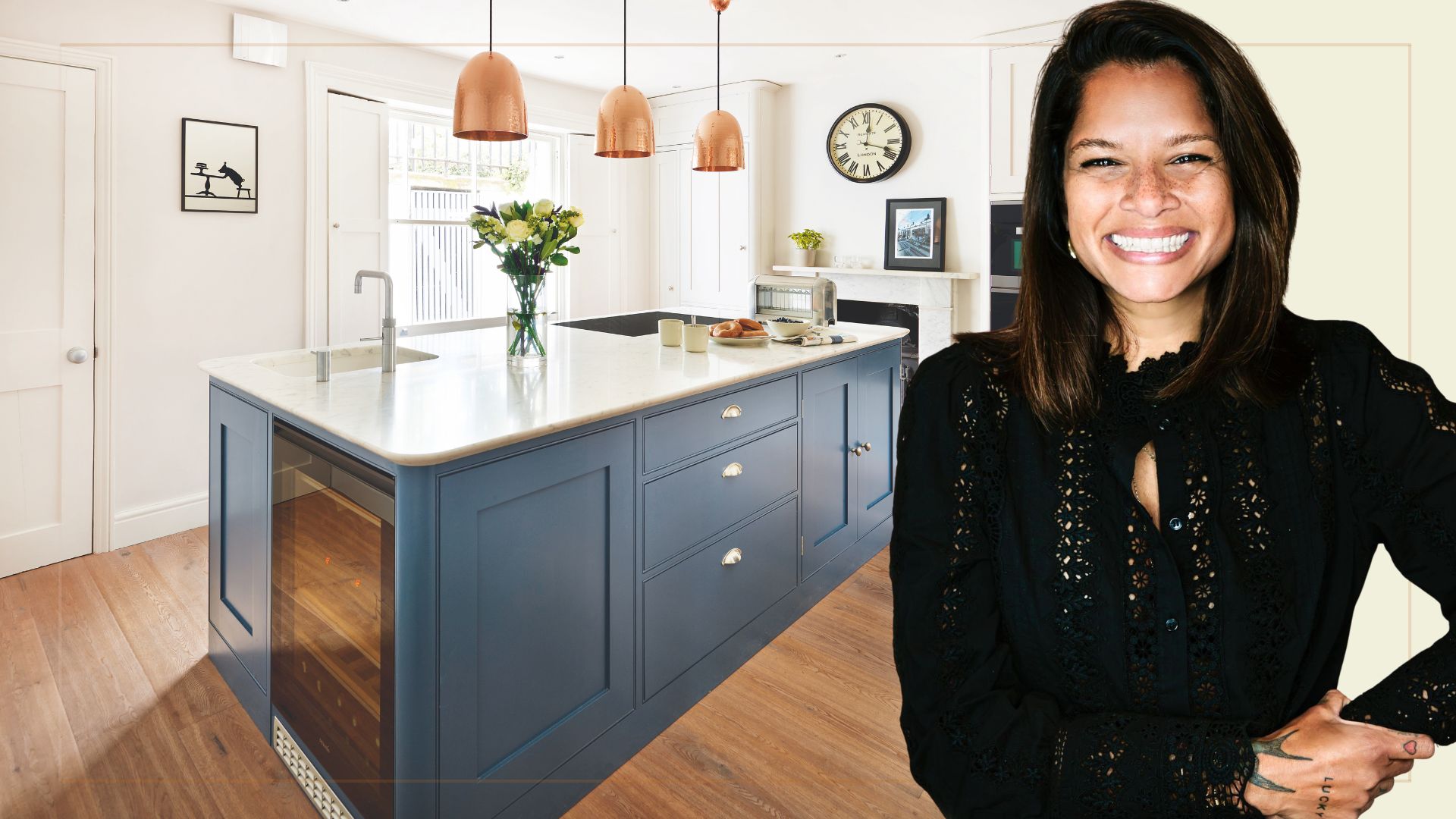 picture of navy blue kitchen with drinks fridge and a cut out of Dilly Carter over top