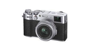 A product shot of the Fujifilm X100V camera on a white background