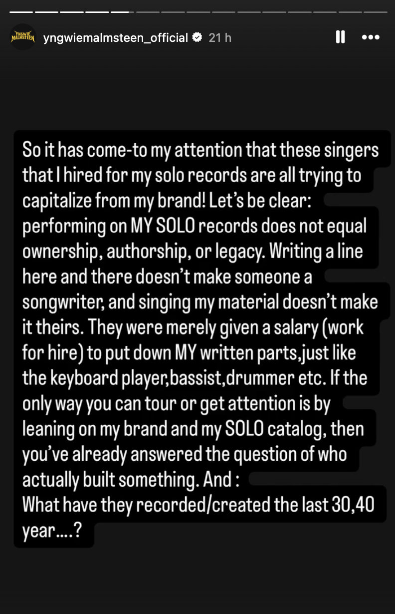 Yngwie Malmsteen's Instagram story