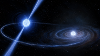 Illustration of the NGC 362D binary system a neutron star emits beams of radio waves and a young white dwarf is surrounded by residual material