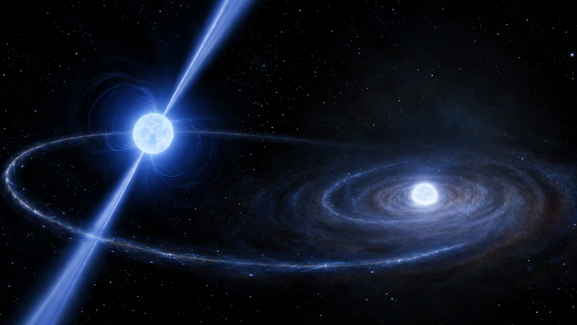 Illustration of the NGC 362D binary system a neutron star emits beams of radio waves and a young white dwarf is surrounded by residual material