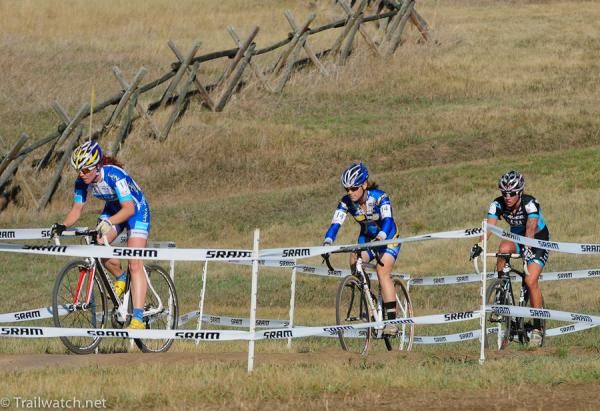 Teal Stetson-Lee (Luna Pro Team) leading Harlton and Duke on the lower part of the course