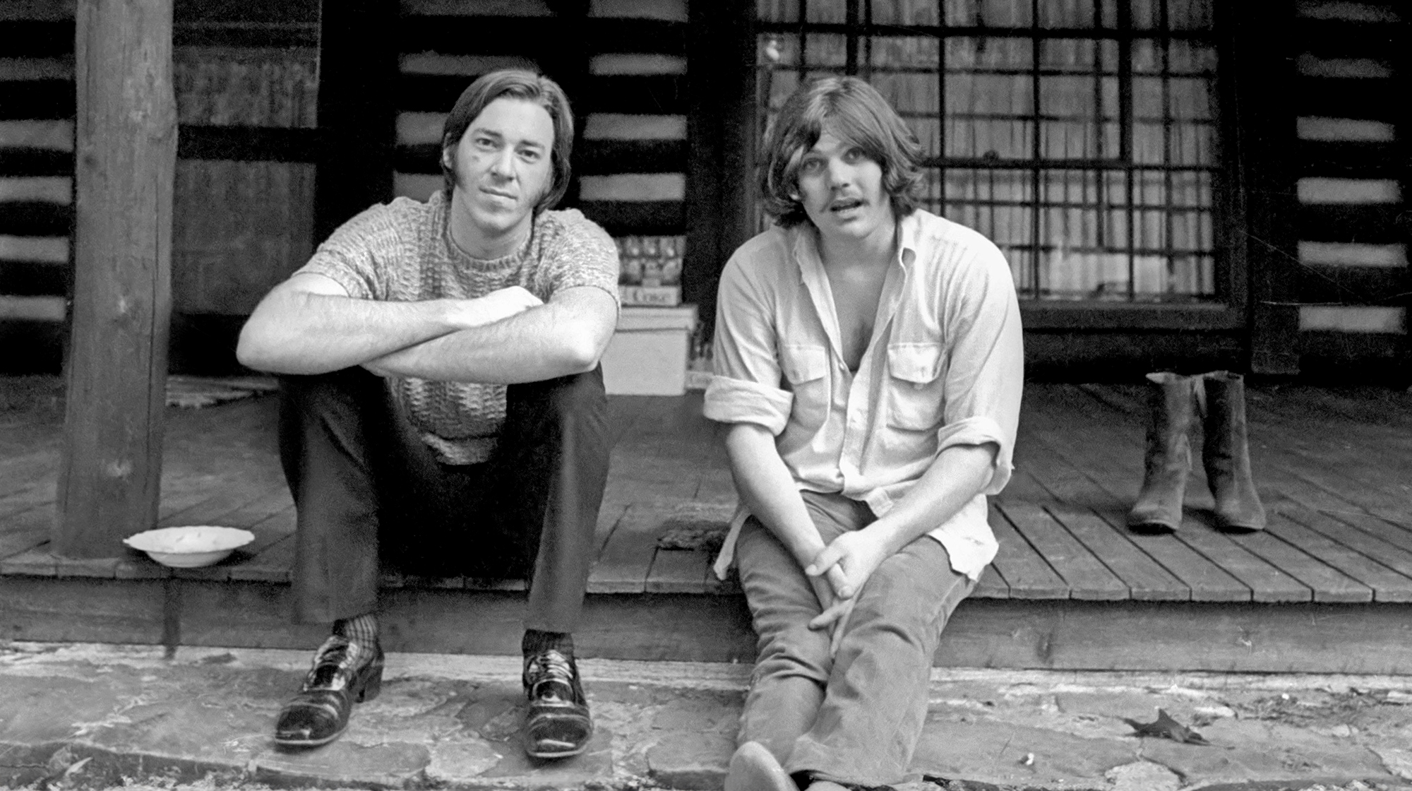 Boz Scaggs (left) takes a break from recording his second album (recorded at the Muscle Shoals Sound Studio) with producer (and &#039;Rolling Stone Magazine&#039; founder) Jann Wenner at Otis Redding&#039;s ranch on May 5, 1969 near Macon, Georgia.