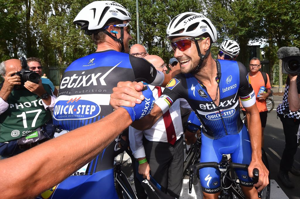 Tom Boonen and his Etixx-QuickStep teammates celebrate the victory