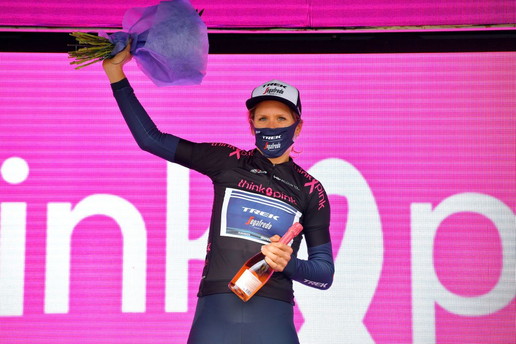 GERAARDSBERGEN BELGIUM JUNE 25 Ellen Van Dijk of The Netherlands and Team Trek Segafredo Black Queen of the Stones Jersey celebrates at podium during the 9th Lotto Belgium Tour 2021 Stage 3 a 1011km stage from Geraardsbergen to Geraardsbergen 101m LottoBelgTour LottoBelgiumTour on June 25 2021 in Geraardsbergen Belgium Photo by Luc ClaessenGetty Images