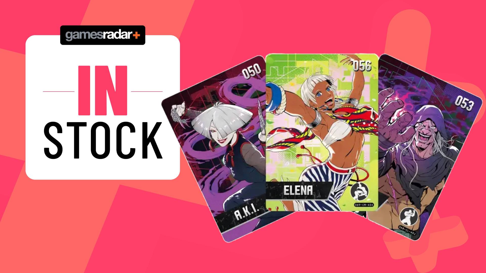 Official product image of a display of three amiibo cards layed out over a pink GamesRadar+ background.