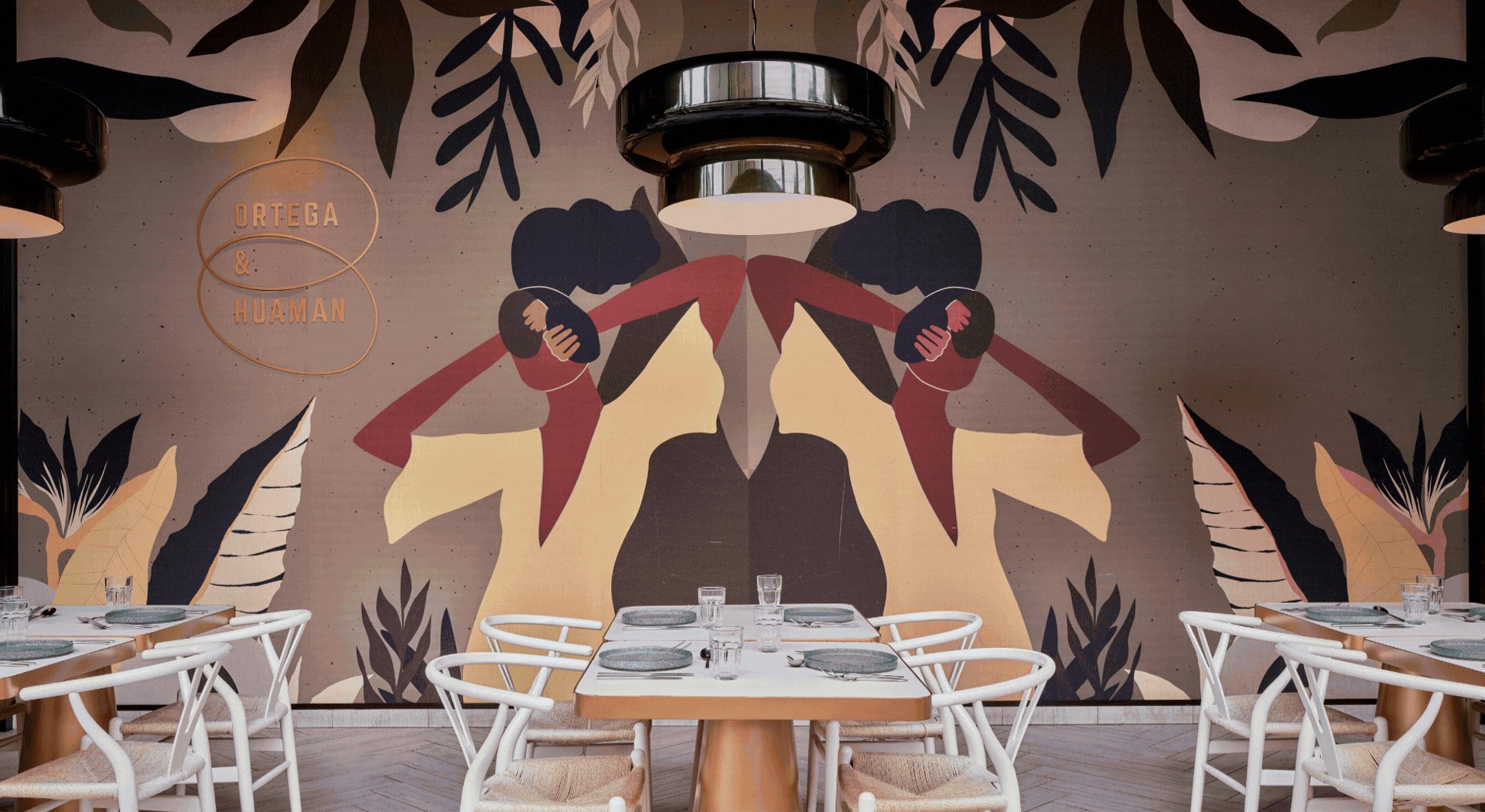 A rotating gif showcasing restaurant, museum, and hotel interiors.