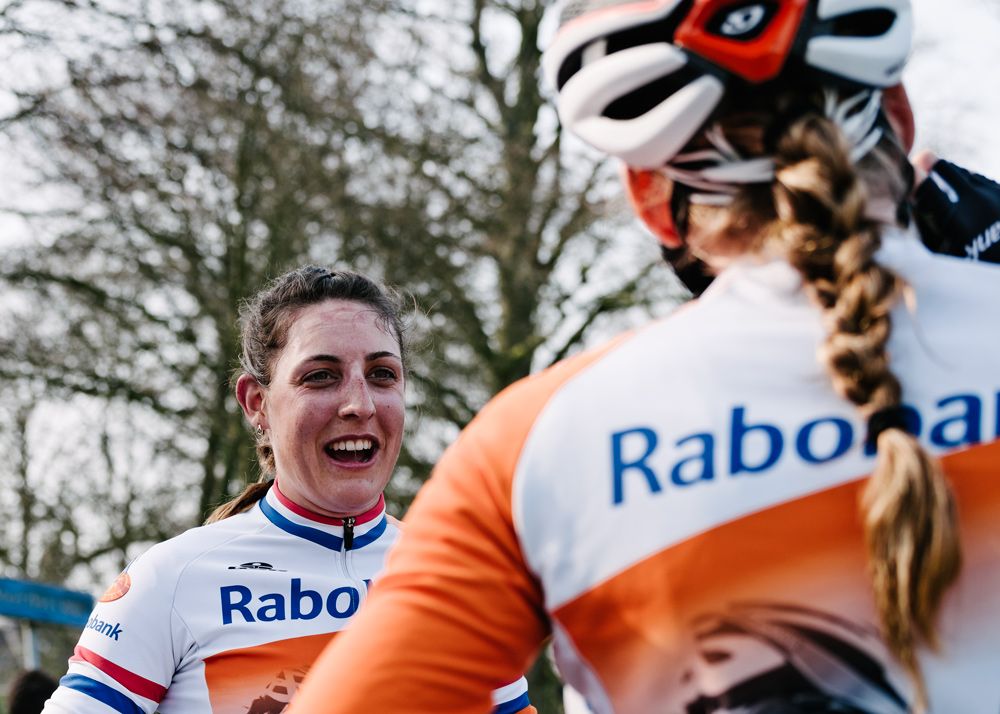 Lucinda Brand and Anna van der Breggen celebrate after the win
