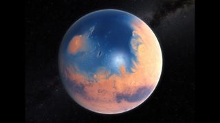 An artist's impression of an ancient Mars rich in water.