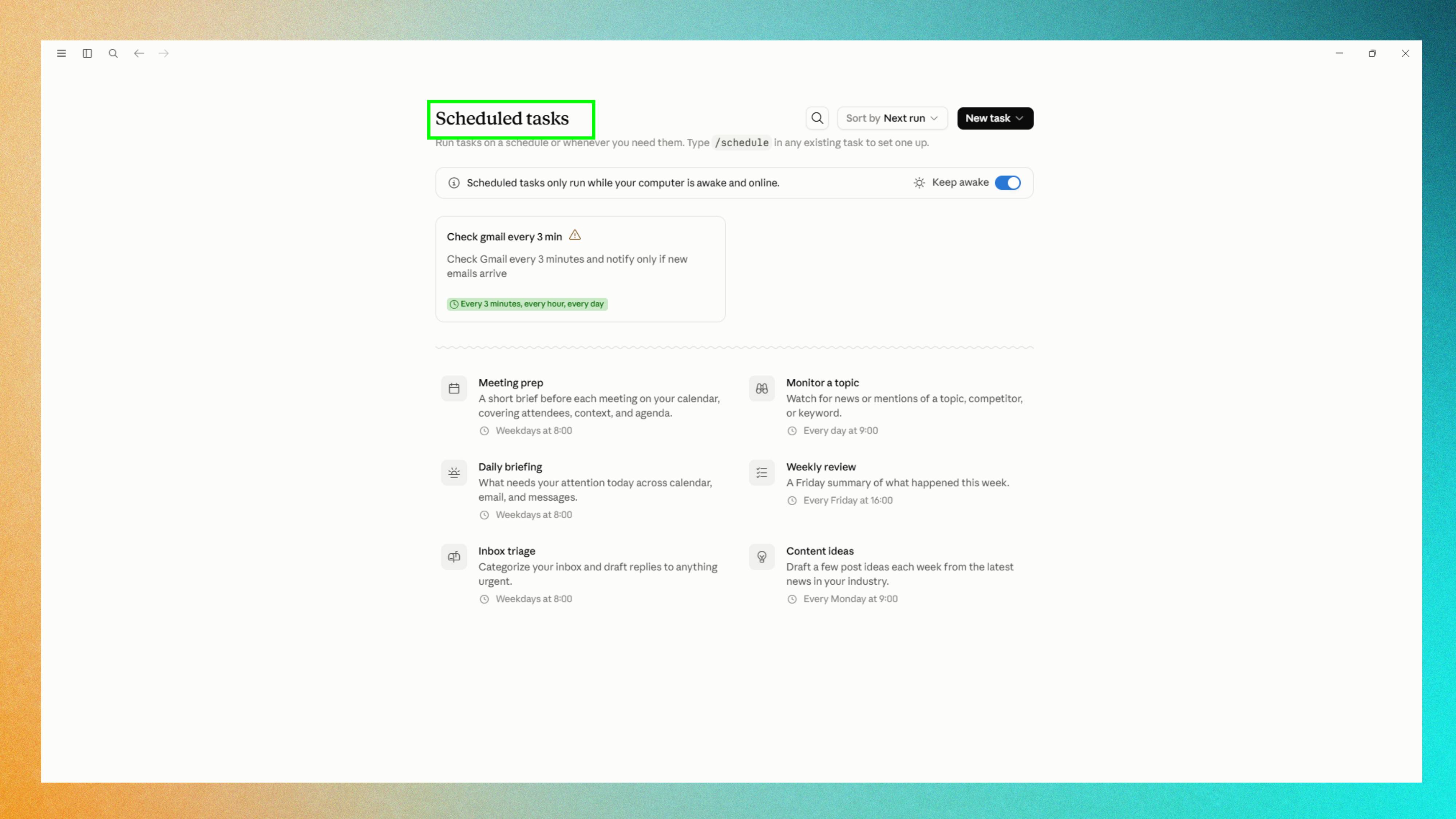 Scheduled tasks tab