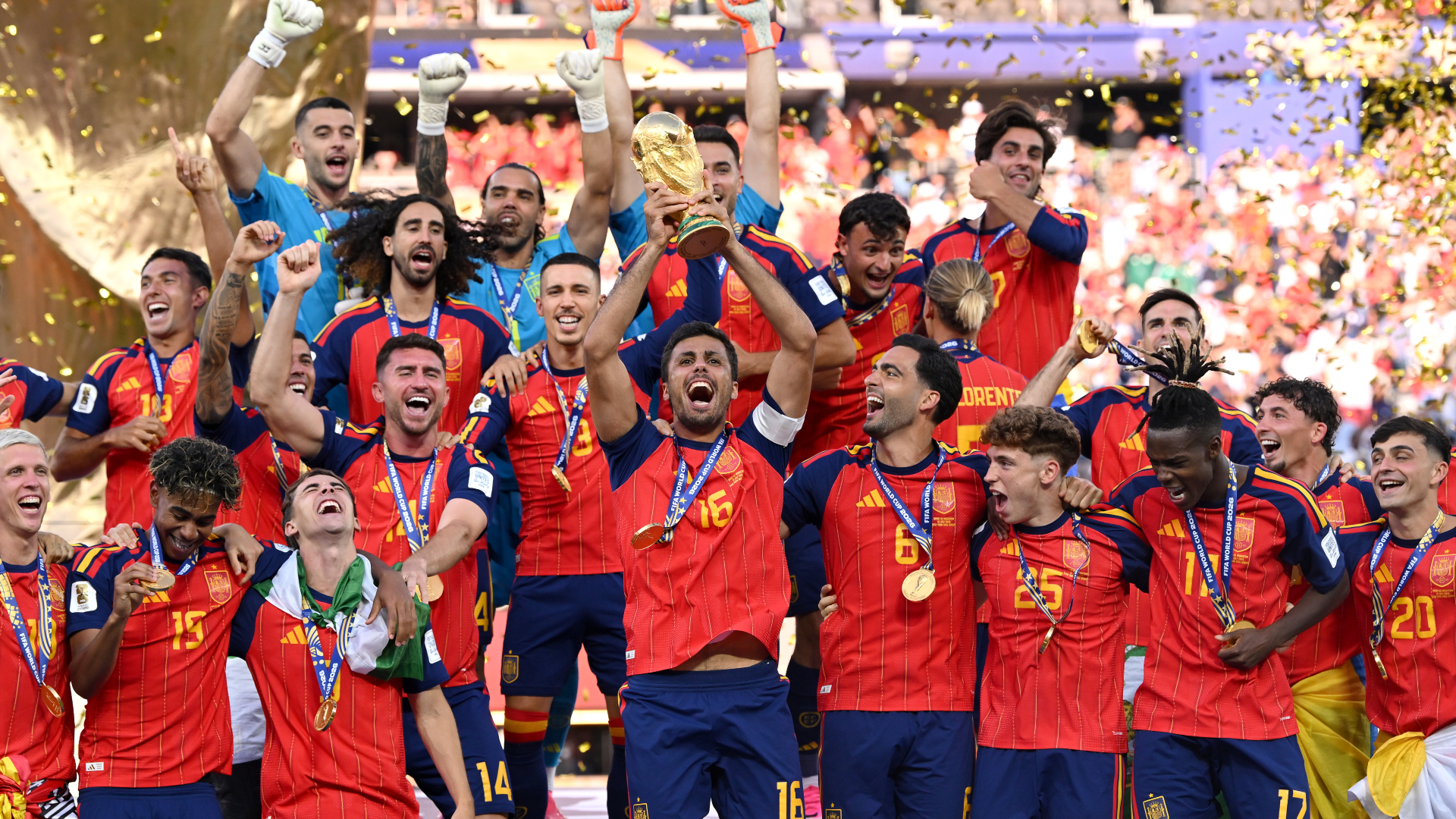  Rodri #16 of Spain lifts the FIFA World Cup Winner&rsquo;s Trophy after the team&rsquo;s victory following the FIFA World Cup 2026 Final match between Spain and Argentina 