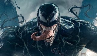Venom with swirling tendrils and his tongue sticking out