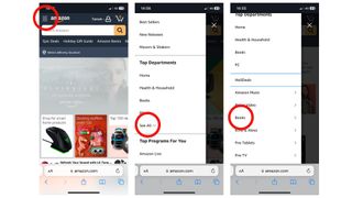 Steps for finding books on Amazon. Press the menu button in the top left, press see all, and then press books