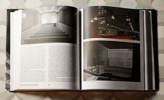 A double page spread shows auditorium, library and stairway of the A & A Building at Yale.