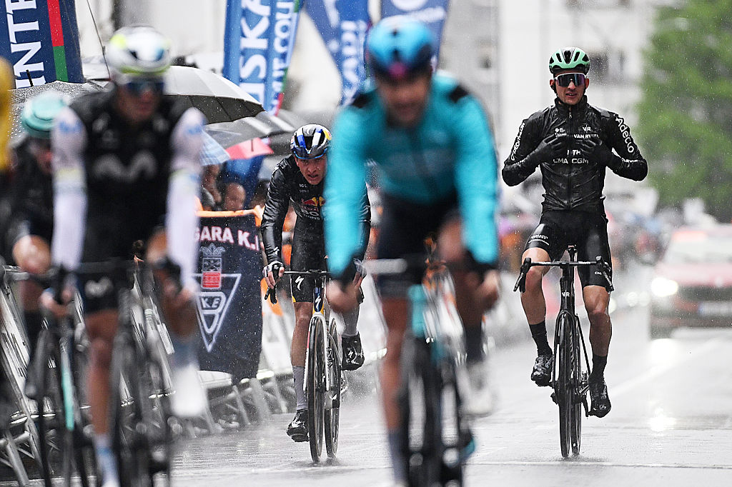 BERGARA, SPAIN - APRIL 11: (L-R) Florian Lipowitz of Germany and Team Red Bull - BORA - hansgrohe and overall race winner Paul Seixas of France and Team Decathlon CMA CGM - Yellow Leader Jersey cross the finish line during the 65th Itzulia Basque Country 2026, Stage 6 a 135.2km stage from Goizper-Antzuola to Bergara / #UCIWT / on April 11, 2026 in Bergara, Spain. (Photo by Tim de Waele/Getty Images)
