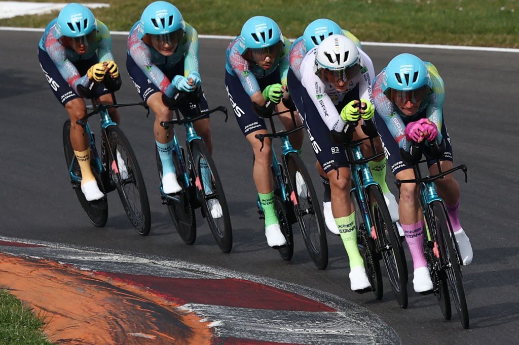 XDS Astana Team&#039;s riders cycle during the 3rd stage of the Paris-Nice cycling race, a 28,4 km team time trial between Nevers Magny-Cours Circuit and Nevers, on March 11, 2025. (Photo by Anne-Christine POUJOULAT / AFP)