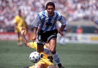 Diego Simeone in action for Argentina against Romania at the 1994 World Cup.