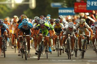 German Gerald Ciolek (Milram) wins stage two of the Vuelta a España in Emmen (in blue).