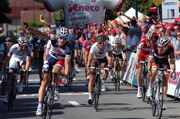 Jurgen Roelandts (Lotto Belisol) thinks he's won stage 5 at the Eneco Tour, but the photo finish camera would show Nizzolo prevailed.