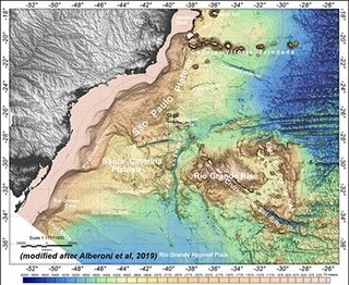 This bathymetric map shows seafloor features along the Brazilian meridional continental margin, including the Rio Grande Rise.