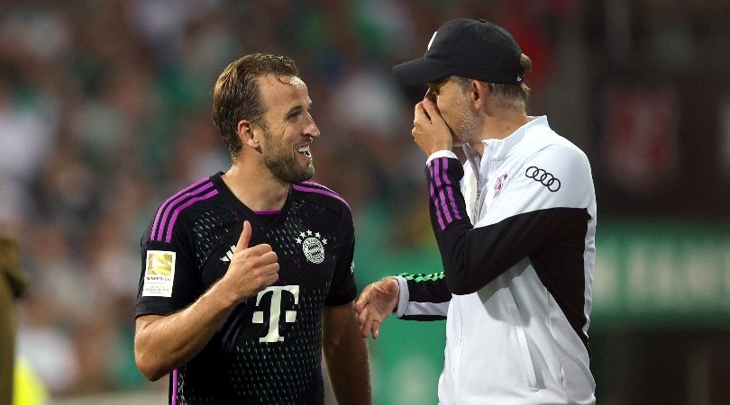 Harry Kane and Thomas Tuchel in conversation after the England captain&#039;s Bundesliga debut for Bayern Munich in August 2023.