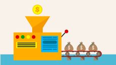 An industrial machine converts a coin into uniform bags of money, demonstrating guaranteed income.