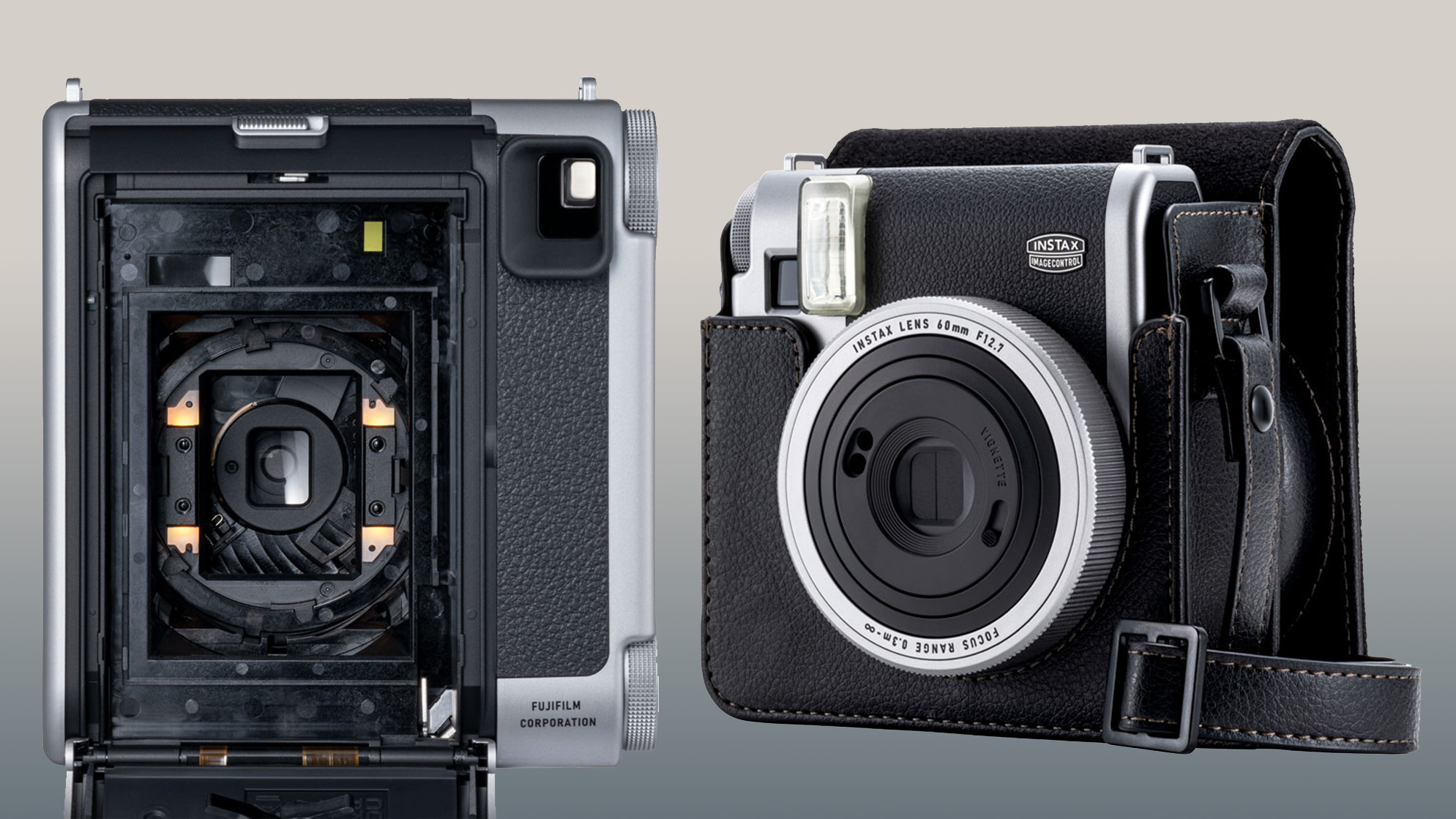 Instax Mini 99 Silver 3/4 product shot in case, next to image of rear of camera with film door open