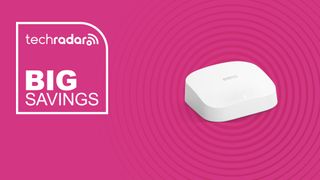 Eero pro 6 router on a pink background with white 'big savings' text
