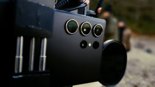 The Samsung Galaxy S23 Ultra mounted in a filmmaking rig