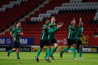 Players of Cray Valley Paper Mills celebrate securing a replay during the FA Cup First Round match between Charlton Athletic and Cray Valley Paper Mills at The Valley, London on Sunday 5th November 2023. (Photo: Tom West | MI News) (Photo by MI News/NurPhoto via Getty Images)