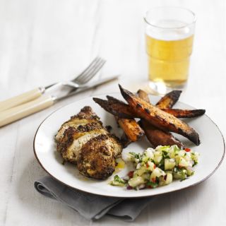 Jerk Chicken Breast with Pineapple Salsa and Sweet Potato Wedges